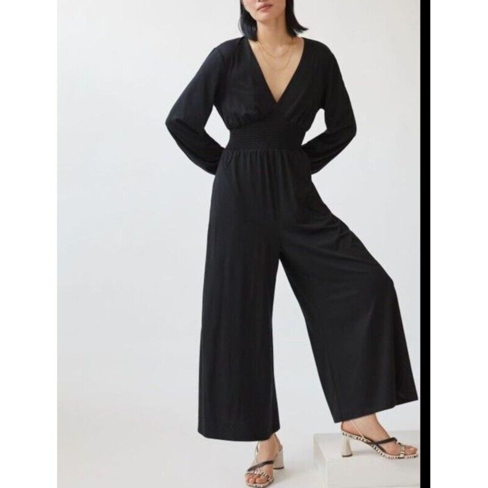Anthropologie Hutch XS Black Smocked Waist V-Neck Wide Leg Jumpsuit